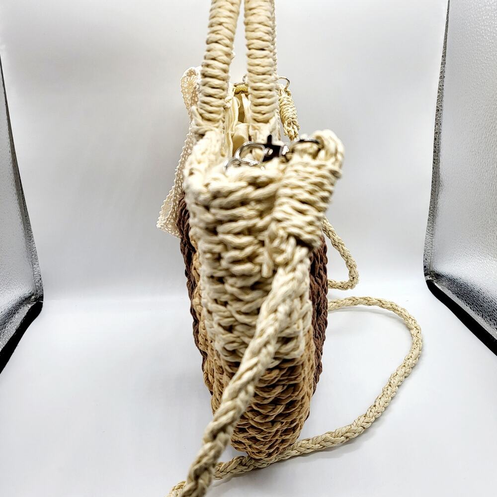 Convertible Brown Beige Colorblock Raffia Rattan Straw Handbag Purse Vacation - Picture 4 of 12